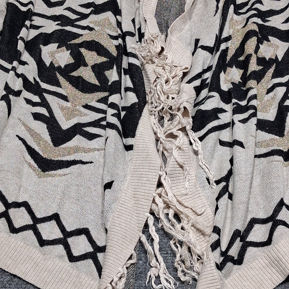 INC Womens Sweater Size M Ivory Diamond Knit Bohemian Fringe Open Wrap Cardigan - Picture 5 of 12